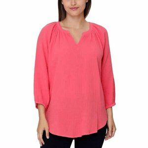 NWT Nicole Miller Womens Cotton Notch Neck Long Sleeve Blouse Pink Sz S $60 Z981